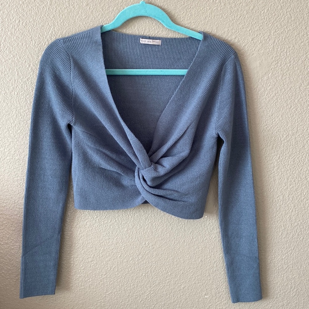 Blue Cropped Knotted Sweater